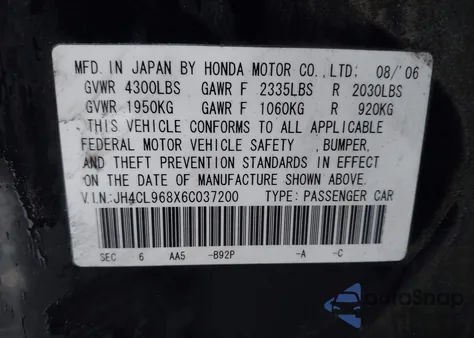 2006 Acura Tsx z USA, uszkodzony, nr VIN JH4CL968X6C037200